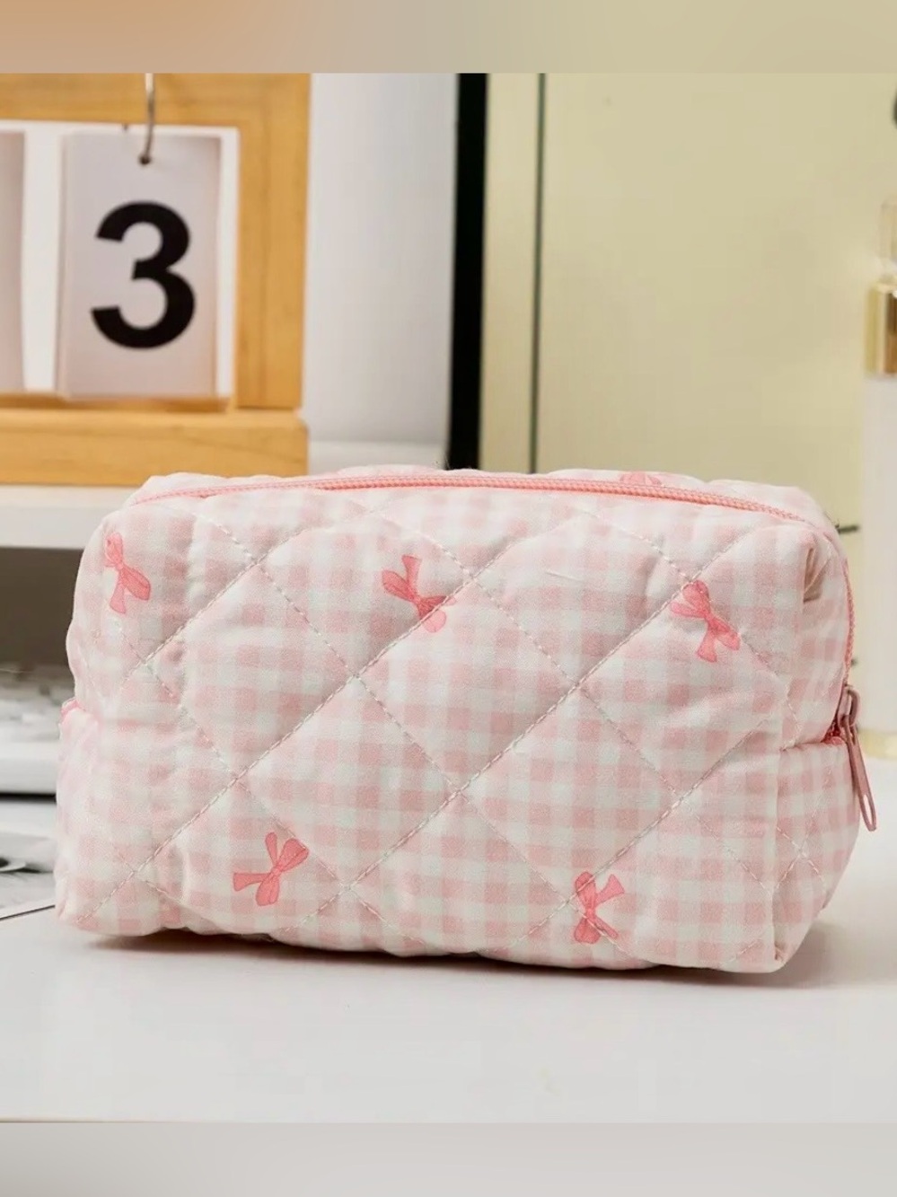 Pink Quilted Bow Cosmetic Pouch